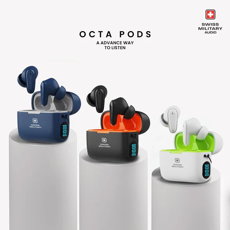Swiss Military Octa Pods True Wireless Stereo Earbuds | Bluetooth 5.3 | Up to 30 Hours Playtime | LED Display