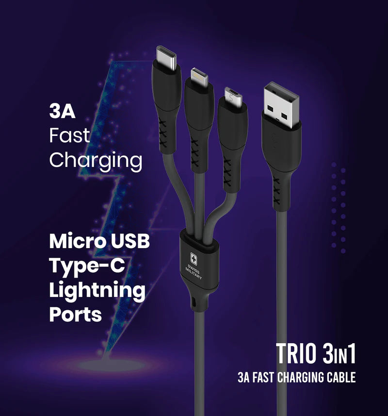 Swiss Military Audio Trio 3-in-1 Fast Charging Cable | USB to Micro USB, Type-C & Lightning | 3A Output | 1 Meter