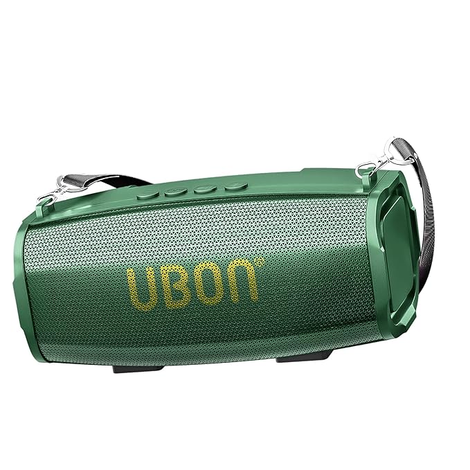 Green portable speaker with 'UBON' branding on a white background