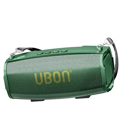 Green portable speaker with 'UBON' branding on a white background