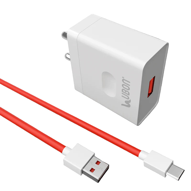 White charging adapter with red USB cable on a white background