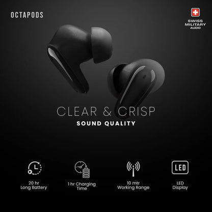 Swiss Military Octa Pods True Wireless Stereo Earbuds | Bluetooth 5.3 | Up to 30 Hours Playtime | LED Display