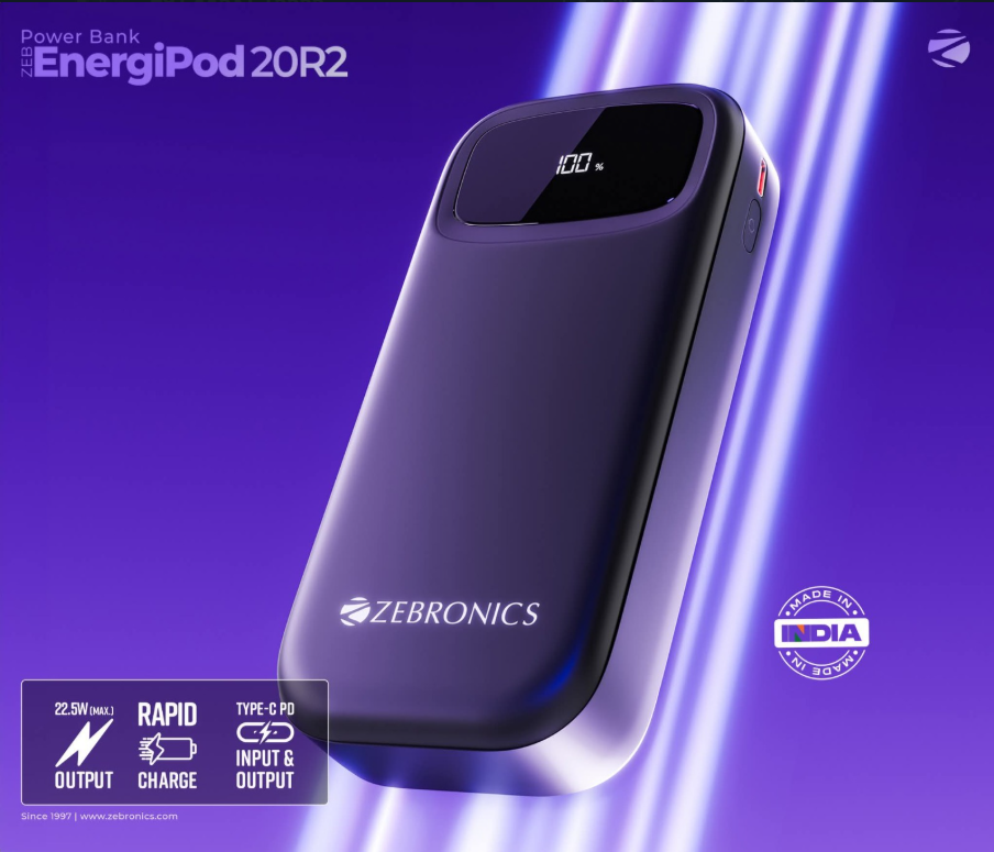 Zebronics EnergiPod 20R2 20000mAh Power Bank | 22.5W Fast Charge | Type-C PD Input/Output | Built-in Cables & Digital Display