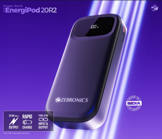 Zebronics EnergiPod 20R2 20000mAh Power Bank | 22.5W Fast Charge | Type-C PD Input/Output | Built-in Cables & Digital Display