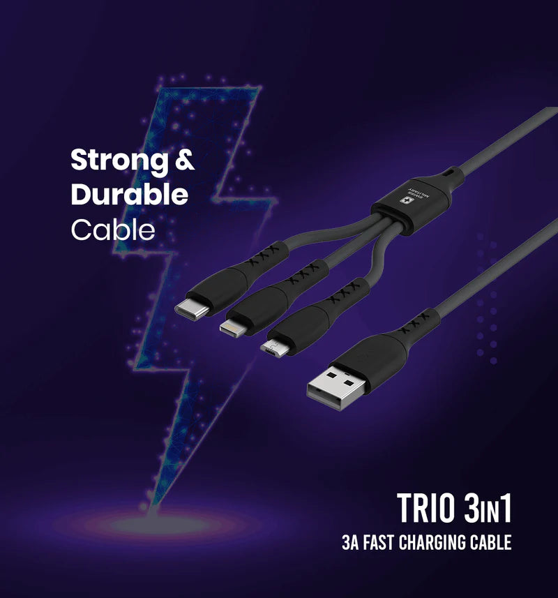 Swiss Military Audio Trio 3-in-1 Fast Charging Cable | USB to Micro USB, Type-C & Lightning | 3A Output | 1 Meter