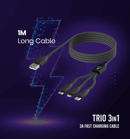 Swiss Military Audio Trio 3-in-1 Fast Charging Cable | USB to Micro USB, Type-C & Lightning | 3A Output | 1 Meter