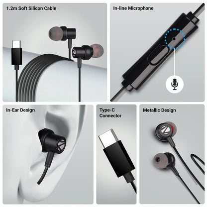 Zebronics Buds C8 Type-C Wired Earphones | 10mm Driver, Deep Bass, In-Line Mic, 1.2m Tangle-Free Cable, Metallic Design