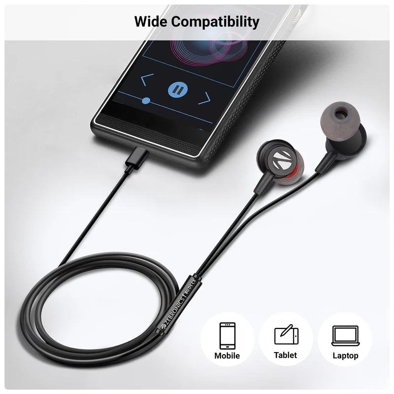 Zebronics Buds C8 Type-C Wired Earphones | 10mm Driver, Deep Bass, In-Line Mic, 1.2m Tangle-Free Cable, Metallic Design