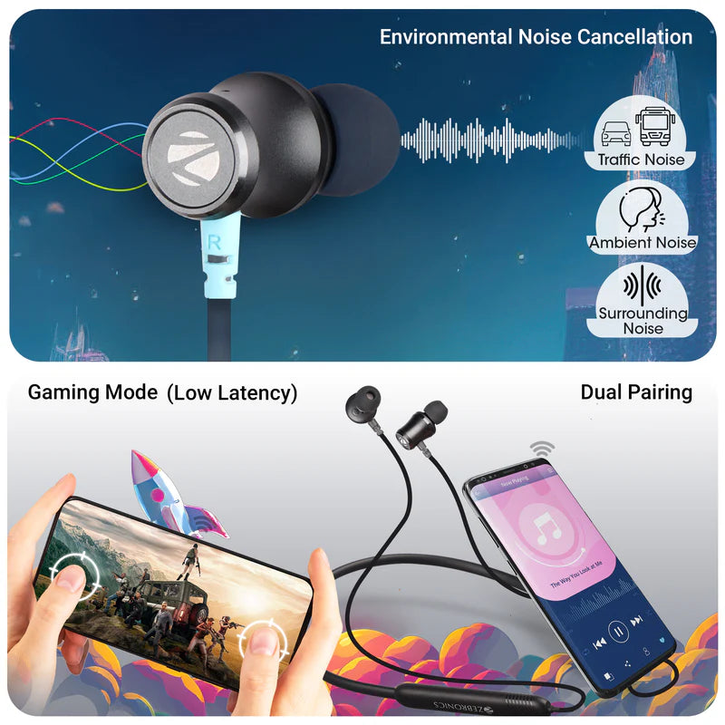 ZEBRONICS Yoga 111 Bluetooth Neckband Earphones with ENC, 50H Backup, Gaming Mode, Rapid Charging, BT v5.3, Dual Pairing & Voice Assistant
