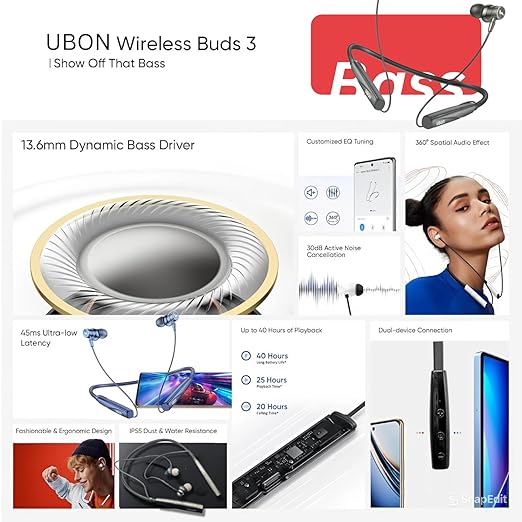 Ubon CL-130 King Series in Ear Bluetooth Neckband with 13.4 Mm Dynamic Bass Boost Driver