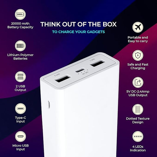 ERD PB-20KE Li-Polymer, 2 USB Output, 12W Power Bank, 20000mAh Type-C Micro USB Input Ports, Compatible with Smartphones, Laptop, Smartwatches, Neckbands, Speakers & Other Devices, White